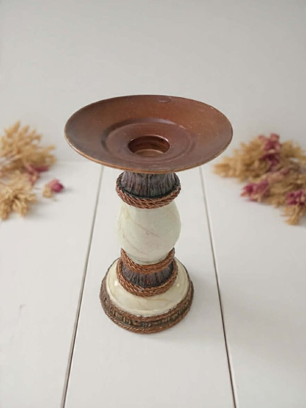 Vintage Copper & Faux Marble Candlestick Holder | Boho Rustic Decor 6"